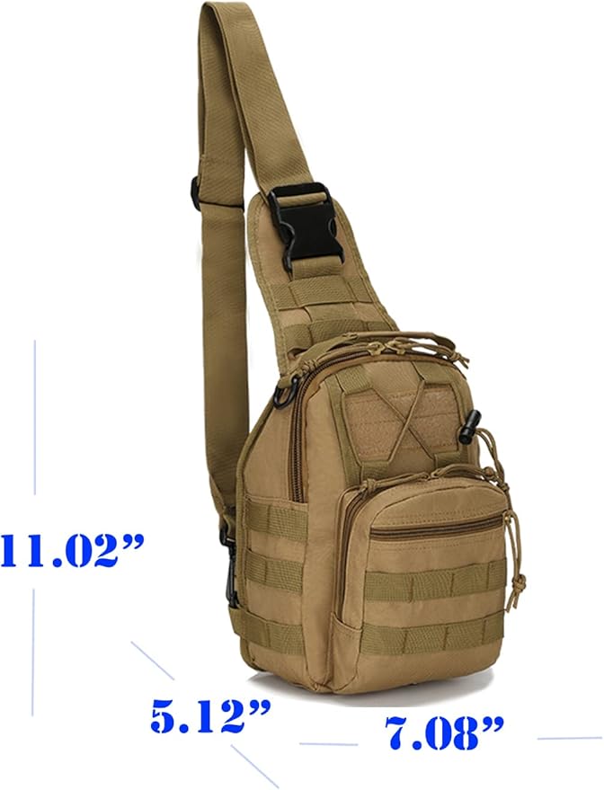 SUMAC Universal Tactical Sling Backpack - 600D Polyester Waterproof Crossbody Pack for Camping Hiking Fishing Hunting - EDC Bag with Molle System - Khaki