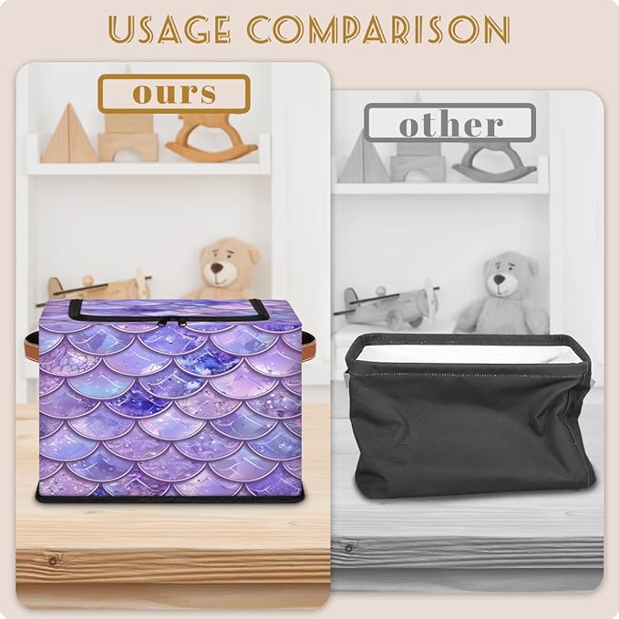 Mermaid Scales Storage Box with Lid Ocean Beach Collapsible Storage Bins Baskets Cubes Closet Shelf Clothes Organizer Containers with PU Leather Handles