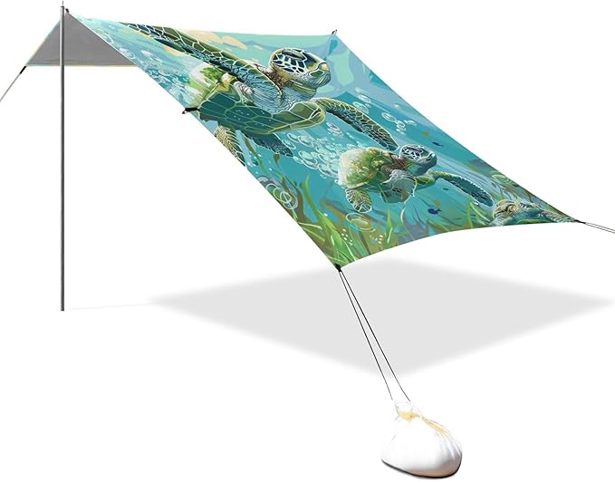 ALAZA Two Sea Turtles Seaweed Bubbles Beach Tent Sun Shelter Portable Canopy Sunshade for Outdoor Camping Picnics Backyard Fun 10x9 ft