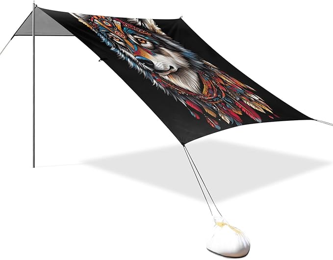 ALAZA Boho Wolf Indian Beach Tent Sun Shelter UPF50+ Protection Beach Shade Canopy w/ 4 Sandbags for Outdoor Camping Fishing Backyard Fun Picnic 10x9 ft