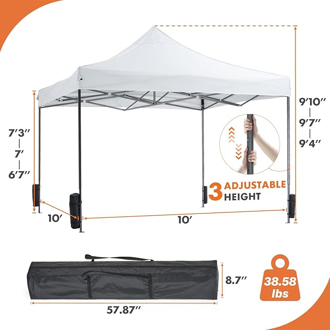 10 x 10ft Pop Up Canopy Tent Easy Setup Outdoor Shade Instant Portable Sun Shelter Canopy Tent for Parties Camping BeachWhite