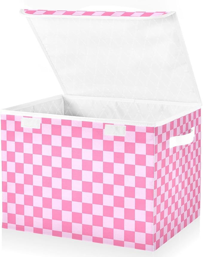 Collapsible Storage Bins with Lids Decorative Fabric Storage Cubes Closet Organizer and Storage Basket Boxes Containers for Clothes Box Chest Nursery Folding Rectangle Checkered Pink