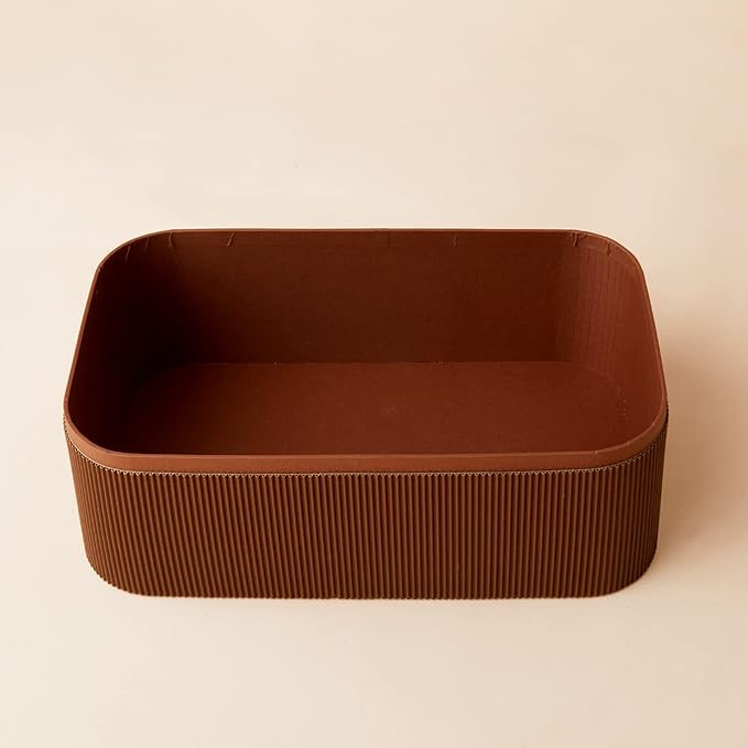 LA JOLIE MUSE Fluted Cardboard Storage Baskets with Leather-Like Lids Sturdy Stackable Paper Boxes Decorative Tray Chocolate Brown Set of 3