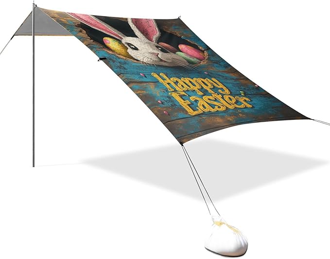 Happy Easter Bunny Beach Tent Sun Shelter Set UPF50+ UV Protection 10.5 x 9.19 FT Camping Shade Canopy with Sandbags Sand Anchors Carrying Bag and Others