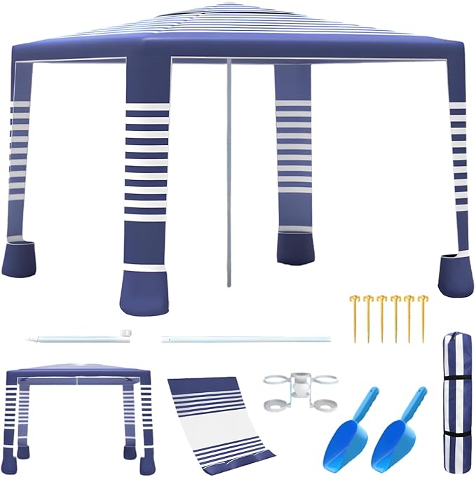 Beach Tent8'×8' Large Beach Canopy for 4-6 PeopleEasy Setup Beach Sun Shelter with UPF 50+ ProtectionAdjustable Height &amp Wind Resistant Beach Cabana for FamilyParty (Navy Blue-Stripes)