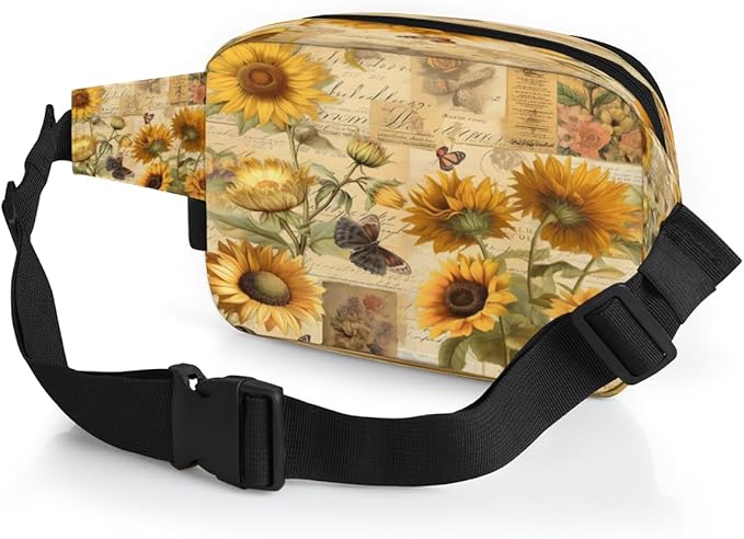 Vintage Poster Sunflower Butterfly Waterproof Fanny Pack for Women Men Adjustable Waist Bag with Double Zipper Pockets Lightweight Square Hip Pack for Running Travel Hiking Workout Cycling