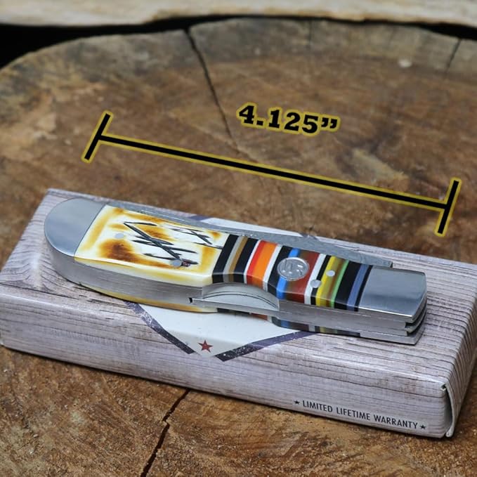 WHISKEY BENT HAT CO. Trapper &amp Locking Bullcutter Folding Pocket Knife 4.125 Closed Length 440C Stainless Steel Blades (Bandito - Damsascus Blades)
