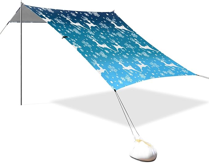 xigua Christmas Reindeer Beach Tent Sun Shelter with Carrying Bag - Silver Coated Oxford Fabric Beach Canopy for Beach Camping Fishing - Includes Windproof Ropes Sandbags &amp Stakes