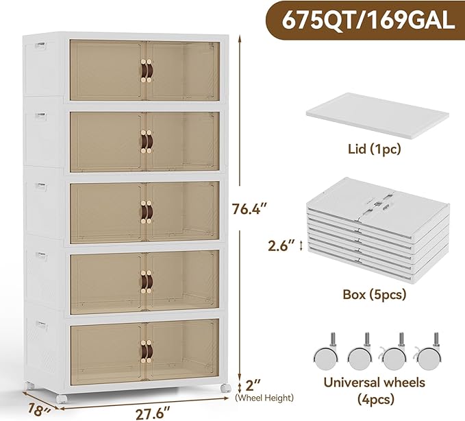 SAILUN 666QT/166Gal Stackable Storage Bins with a Lid Collapsible Storage Bins With Doors Folding Cabinet for Home Closet Organization5 Pack-28 W x 18 D x 76.4 H White