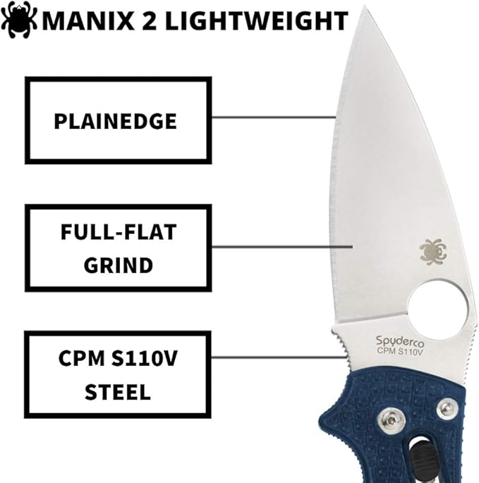 Spyderco Manix 2 Lightweight Folding Pocket Knife with 3.3 CPM S110V Steel Blade and FRCP Handle - EDC Knife for Men and Women Perfect for Hunting Tactical Camping - PlainEdge - C101PDBL2