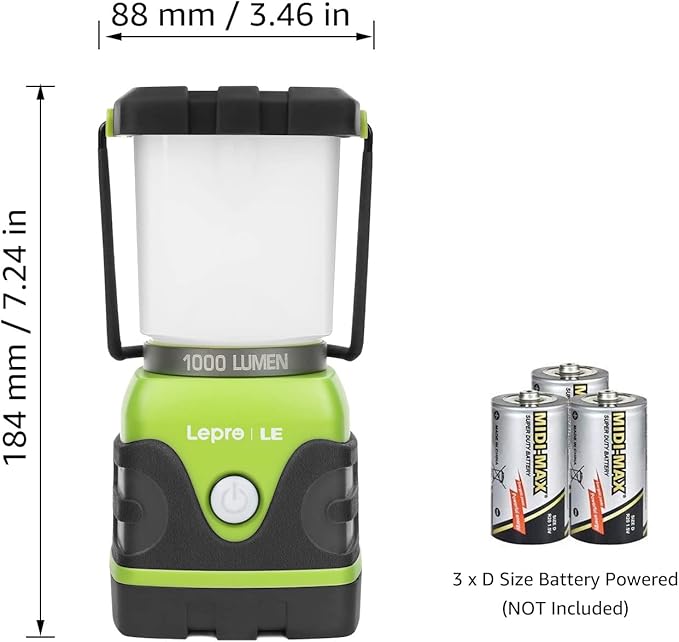 LE 1000LM Battery Powered LED Camping Lantern Waterproof Tent Light with 4 Light Modes Camping Essentials Portable Lantern Flashlight for Camping Emergency Light Power Outages Not Rechargeable