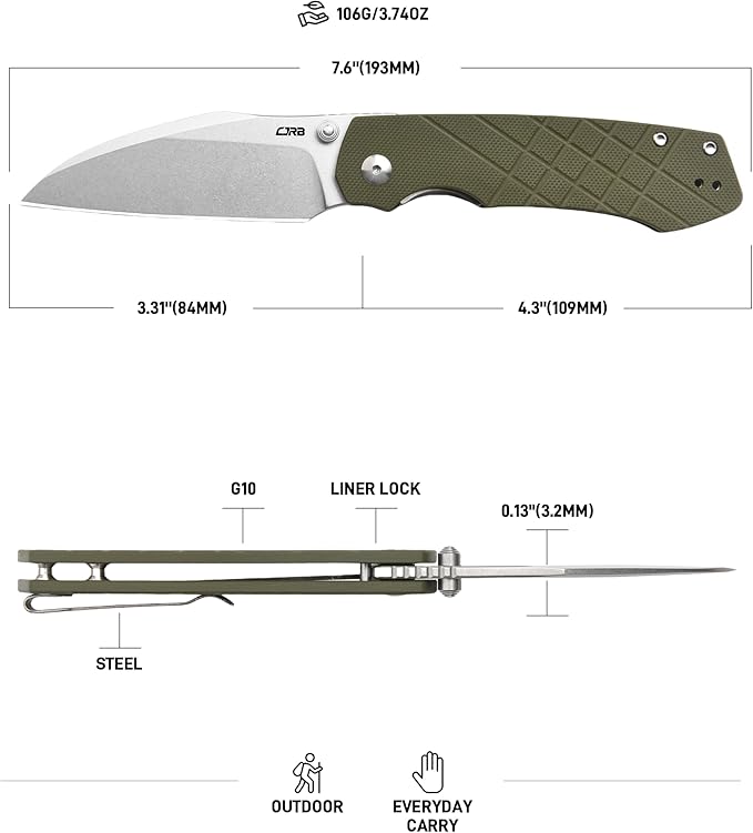 CJRB Kestrel Folding Knife 3.31'' AR-RPM9 Steel Blade G10 Handle EDC Knife for Outdoor Survival Camping Hiking Designed by Ray Laconico(J1962 Green)