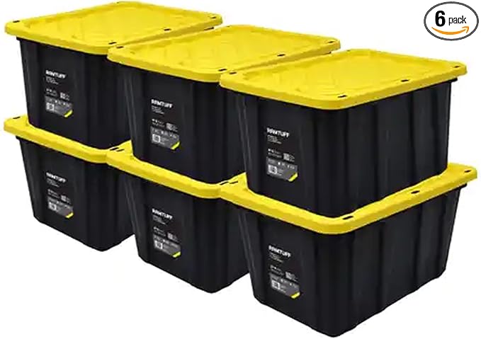 Ramtuff 6 Pack Heavy Duty Stackable Storage Container with Snap-Tight Lid Resistant To Weather Organization Tote 27 Gallon Black and Yellow