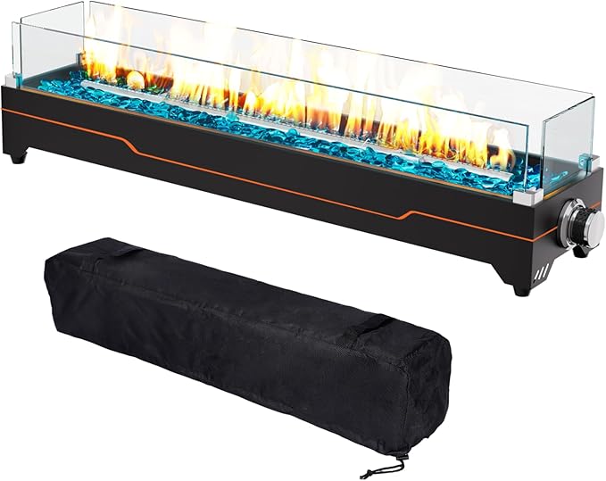 GRISUN 28 Table Top Propane Fire Pit 45000 BTU Tabletop Gas Fire Pit Tabletop Firepit for Patio Outdoor Portable Fireplace Rectangular Fire Bowl with Glass Wind Guard Glass Beads &amp Cover