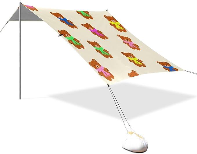xigua Teddy Bear Beach Tent Sun Shelter with Carrying Bag - Silver Coated Oxford Fabric Beach Canopy for Beach Camping Fishing - Includes Windproof Ropes Sandbags &amp Stakes