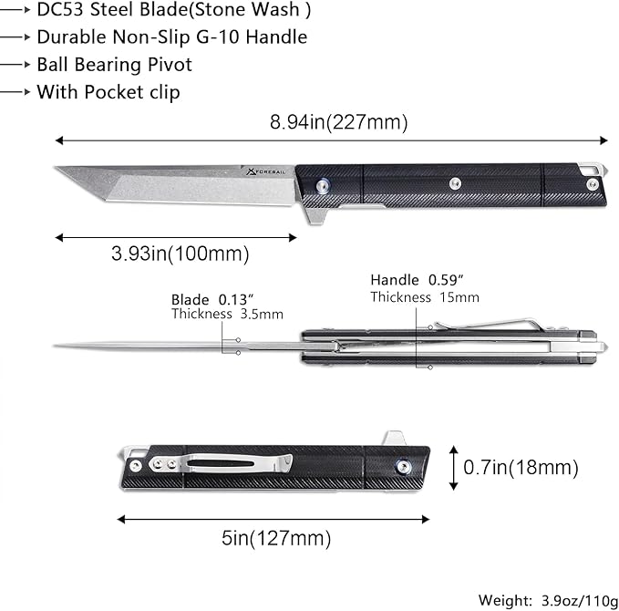 Flipper Pocket Folding Knife DC53 Steel Blade and Black G10 Handle with Pocket Clip and Glass Breaker EDC Tool Knife (Stone Wash Blade)