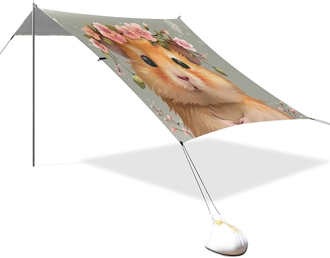 ALAZA Cute Hamster Garland Flower Beach Tent Sun Shelter UPF50+ Protection Beach Shade Canopy w/ 4 Sandbags for Outdoor Camping Fishing Backyard Fun Picnic 10x9 ft