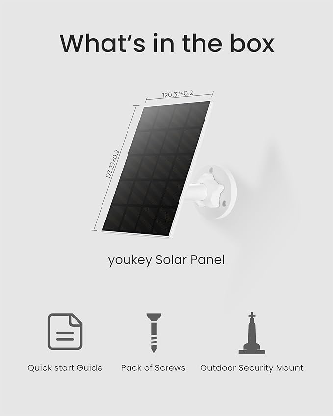 youkey 3W Solar Panel for youkey S320 Outdoor Battery Cameras Type-C Cable IP65 Waterproof 360° Adjustable Bracket 9.8ft Cable Monocrystalline Silicon Solar Panel