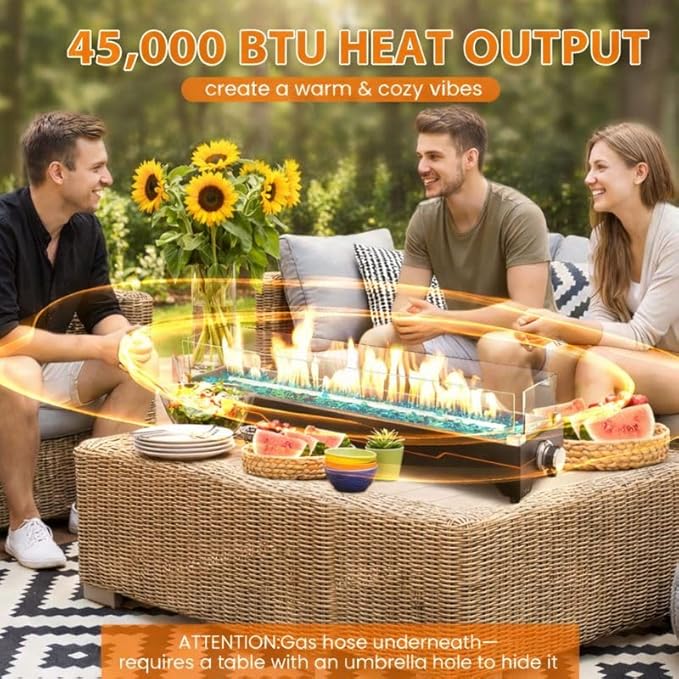 GRISUN 28 Table Top Propane Fire Pit 45000 BTU Tabletop Gas Fire Pit Tabletop Firepit for Patio Outdoor Portable Fireplace Rectangular Fire Bowl with Glass Wind Guard Glass Beads &amp Cover