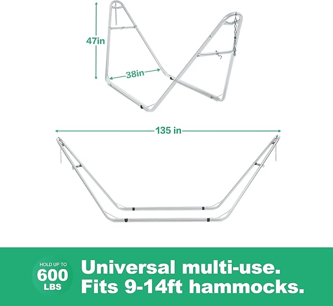 gafete Universal 2 Person Hammock Stand Only 600 lbs Capacity Fits 9 to 14ft Hammocks Adjustable Double Heavy Duty Powder-Coated Steel Stand for Outside Multi-Use (Gray)