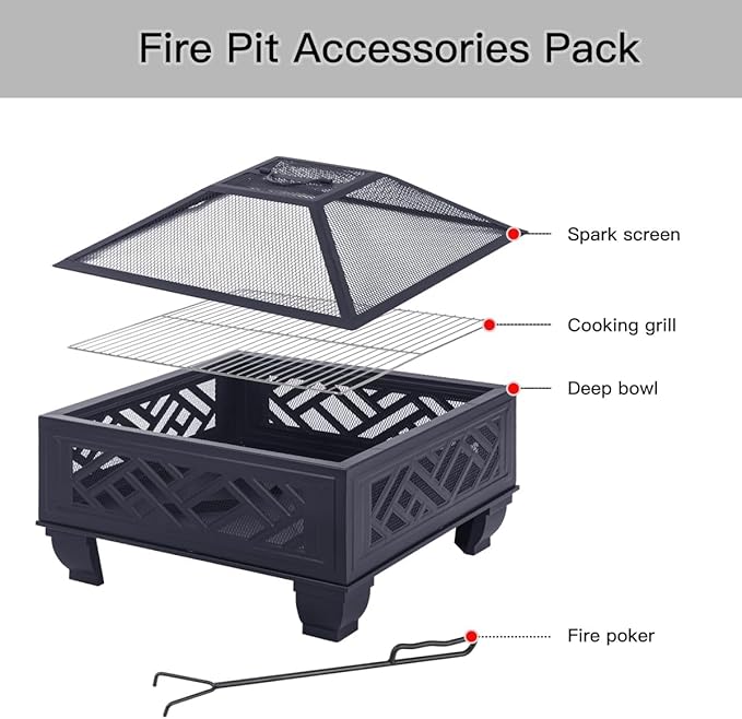 Breezz Update Version 26 Inch Wood Burning Fire Pit with Cooking Grill and Spark Screen Outdoor Metal Firepit for Patio Backyard Bonfire Party Camping and Garden