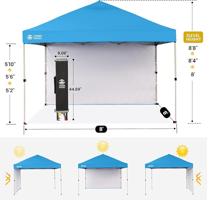 CROWN SHADES 8x8 Pop Up Canopy with 1 Side Wall - Beach Tent with One Push Setup - Outdoor Sun Shade for Events Parties Camping - Gazebo with STO-N-Go Cover Bag (Sky Blue)