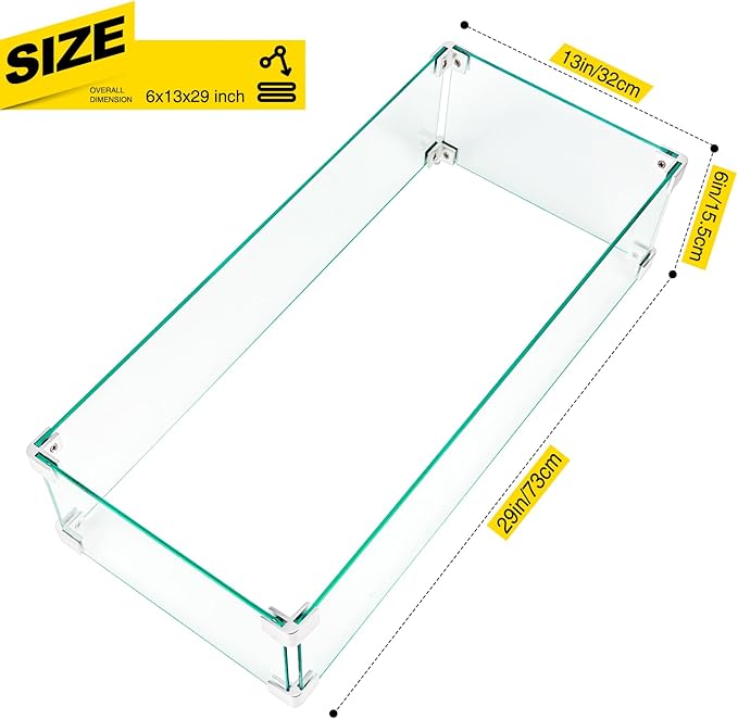 Fire Pit Glass Wind Guard 29''L x 13''W x 6''H Inch Wind Guard Rectangle 4pcs Clear Tempered Glass 0.3’’ and 8pcs Hardware Connectors Fire Accessory for Propane Gas Firepit Outdoor Use