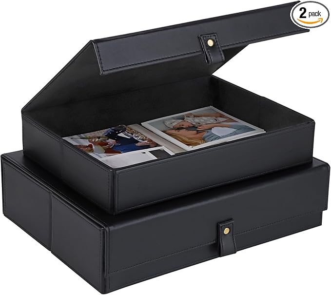 HofferRuffer Photo Storage Boxes with Dust-Proof Lid Set of 2 Faux Leather Lidded Storage Bins Photo Jewelry Scrapbooking Supplies Keepsake Organizer for Elegant Home &amp Office Decor (Black)