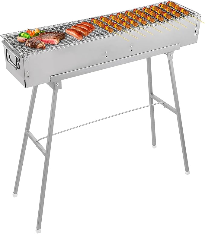 IRONWALLS Portable Charcoal Grills 32 x 8 Stainless Steel Folded Camping Grill Kebab Skewer Barbecue Grill Kit for Garden Backyard Party Picnic Travel Home Outdoor Cooking Use
