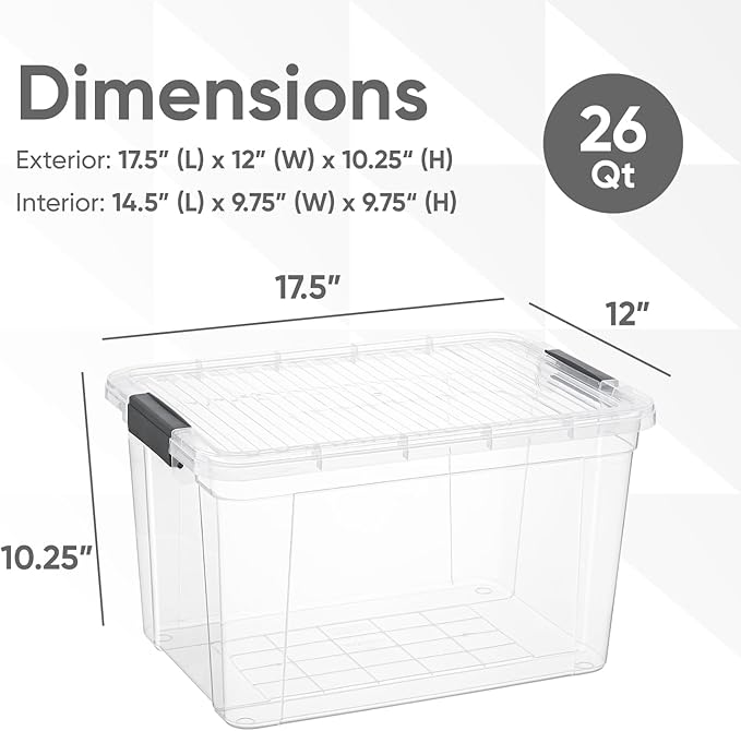 Superio Clear Storage Boxes with Lids 26 Quart Plastic Container Bins for Organizing Stackable Crates BPA Free Non Toxic Odor Free Organizers for Home Office and Dorm 6 Pack