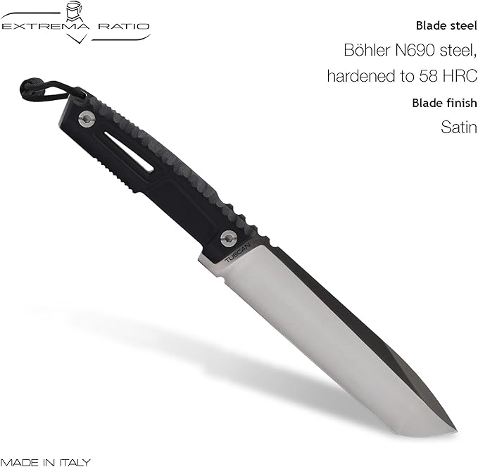 Extrema Ratio - Tuscan (Black) Fixed Blade Knife Bohler N690 steel blade 3.5 mm thick hardened to 58 HRC satin finish blade aluminum handle made in Italy