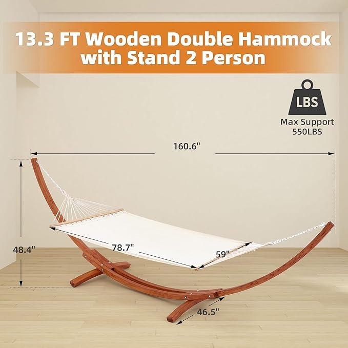 ECOTOUGE 13 FT Hammock with Stand Heavy Duty Hammock Stand 2 Person Heavy Large Hammock Bed for Porch Patio Balcony Garden Backyard Load 550lbs 550LBS White-Yellow