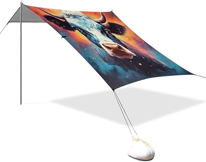 ALAZA Cow Portrait Cartoon Nebula Beach Tent Sun Shelter Portable Canopy Sunshade for Outdoor Camping Picnics Backyard Fun 10x9 ft