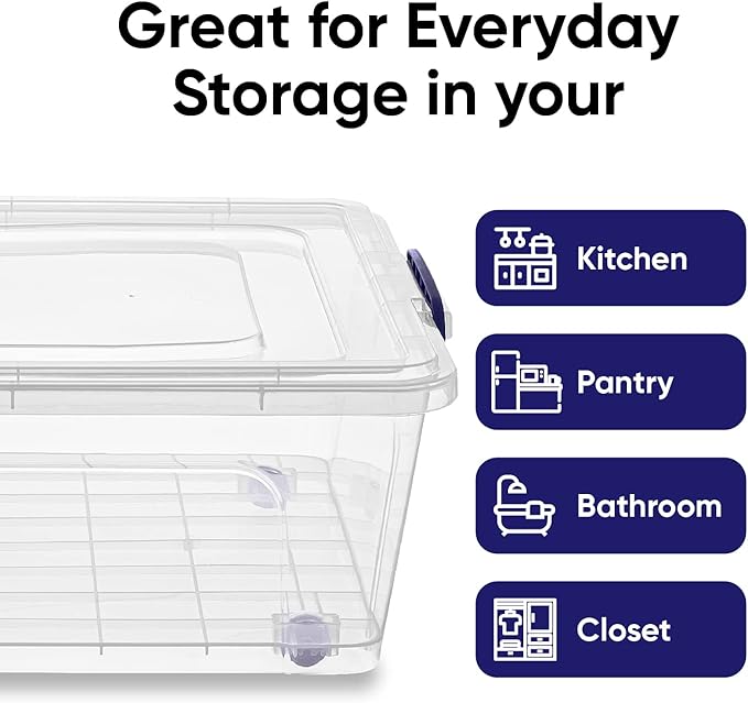 Superio Storage Bins with Lids- Clear Boxes for Organizing Stackable Plastic Containers- BPA Free Non-Toxic Odor Free Organizer for Home Office Dorm (8 Pack 42 Qt (Under Bed-Wheeled))