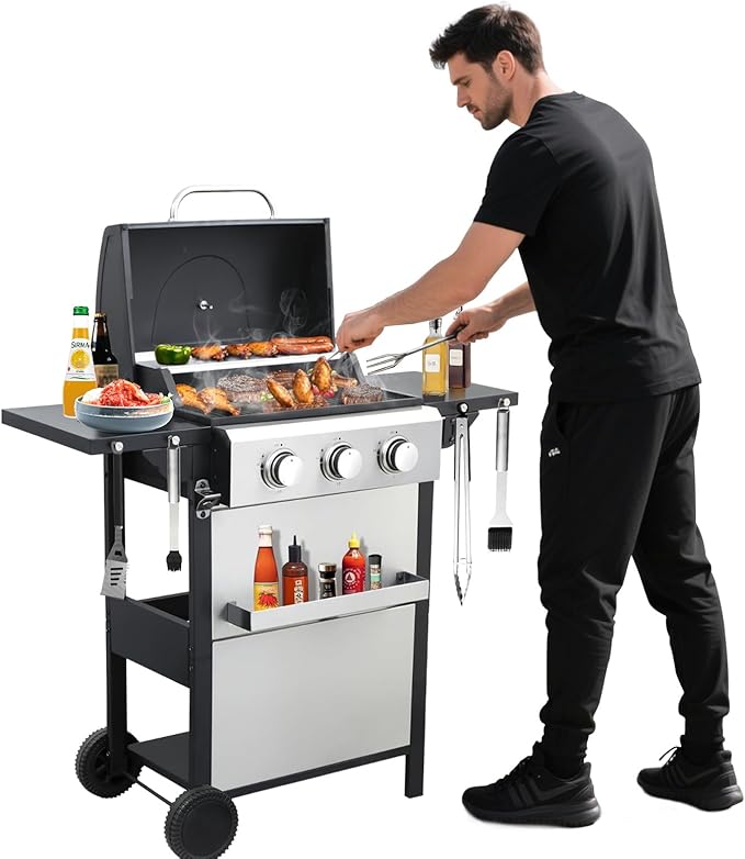 3-Burner Propane Gas BBQ Grill 25650BTU Stainless Steel Barbecue Grill With Wire Enamel Cooking Grids Foldable Side Table for Outdoor Camping (Style10 : 3 Burner)