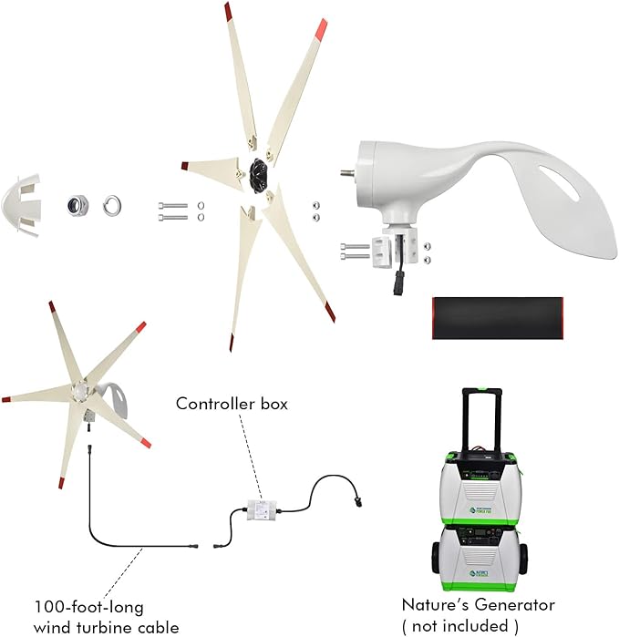 Nature's Generator Wind Turbine Includes 100 Foot 12 AWG Cable 5 Blades Controller Box Land or Marine Use Day and Night