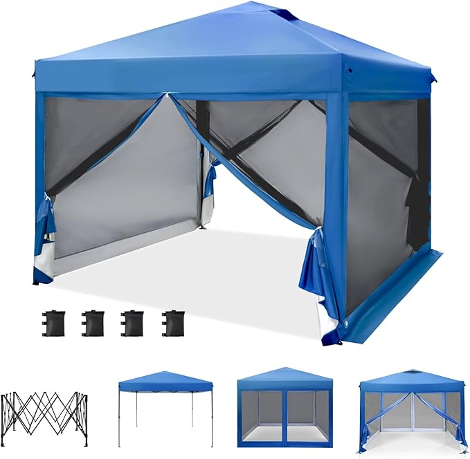 MFSTUDIO 10'x10' Pop Up Canopy Tent with Netting Portable Instant Folding Canopy Outdoor Canopy Screen Event Tent with 4 Zippered Mesh Netting for Garden Blue