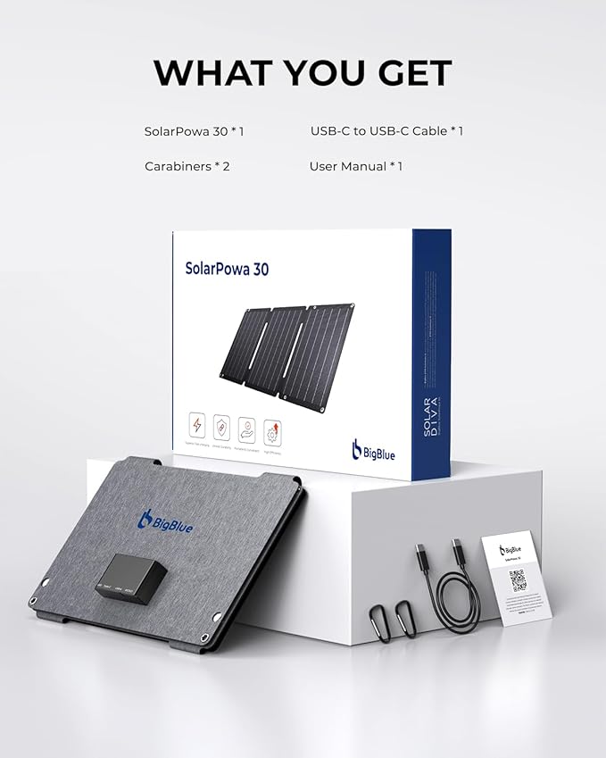 [Upgraded] BigBlue 30W Solar Panel Charger with Fast Charging USB-A and USB-C DC Ports SolarPowa 30 Portable Solar Panel IP68 Waterproof Compatible with iPhone Samsung iPad Small Power Station
