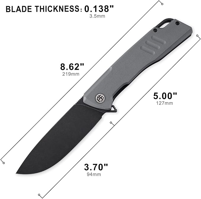 Petrified fish PFB02 Loco Pocket Knife 3.70 D2 Satin Blade Camping Knife 5.29oz G10 Handle Flipper Liner lock Folding knife for EDC (Gray Black Stonewashed)