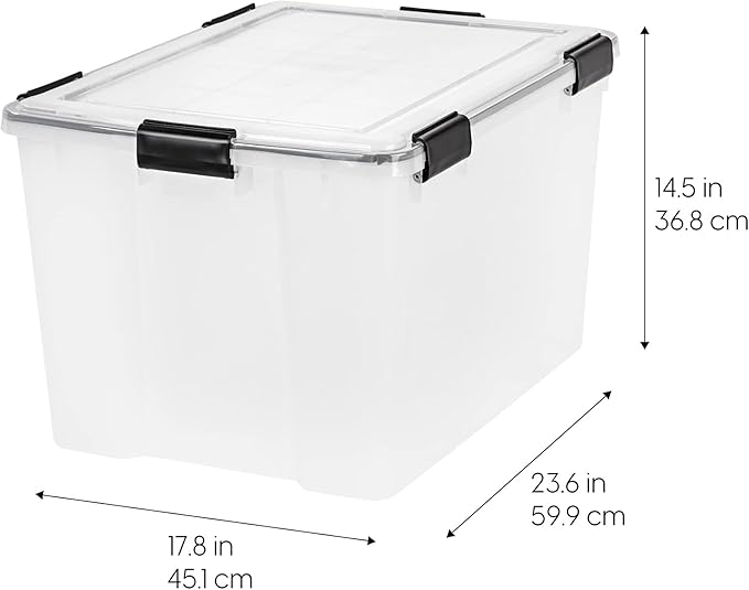 IRIS USA WeatherPro 74 Qt Storage Bins with Lids 2 Pack BPA-Free Plastic Gasket Box with Tight Latch and Seal Stackable Nestable Tote Tub - Clear/Black