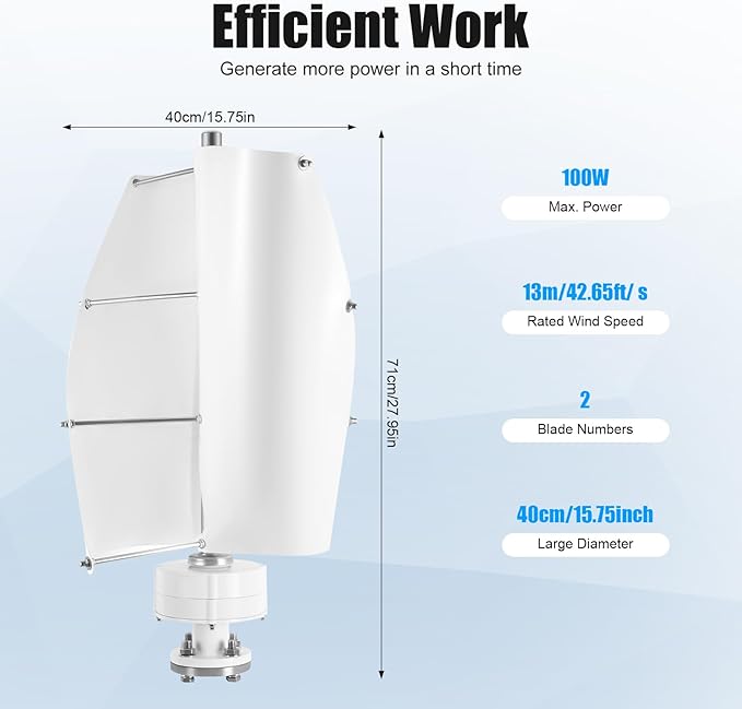 100W Vertical Axis Wind Turbine Generator Permanent Magnet Generator with Intelligent Controller Low Noise Helical Design Windmill for Home Boats Street Lighting