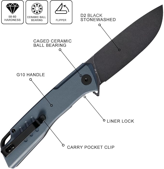 Petrified fish PFB02 Loco Pocket Knife 3.70 D2 Satin Blade Camping Knife 5.29oz G10 Handle Flipper Liner lock Folding knife for EDC (Blue Black Stonewashed)