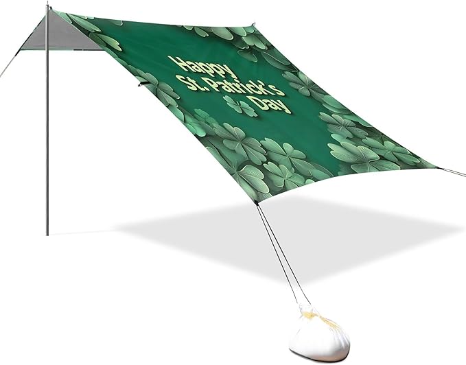 St. Patrick's Day Beach Canopy Sun Shelter with Sandbags &amp Sand Shovel &amp Windproof Ropes - Portable 110x126 Beach Shade Beach Tent for Camping Picnics