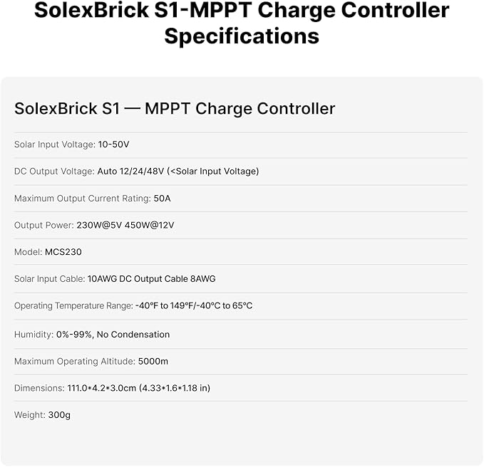 Smart 50A MPPT Solar Charge Controller - Lightweight 0.66 lbs IP68 Waterproof 12V/24V/48V Lithium Batteries Systems Mix&ampMatch Different Solar Panels SolexBrick S1