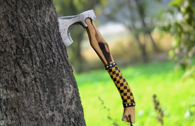 Custom Hand Forged Carbon Steel 17 Inch Long Medieval Axe Forged Axe Leather Wrapping On Handle Hatchet with Leather Sheath Best for Hunting Camping Wood Cutting Gift for Him