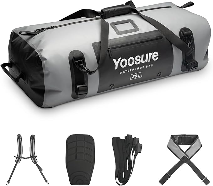 80L Waterproof Duffel Bag Motorcycle Dry Bag Backpack Waterproof Zippered Bags with Backpack Spacer Pad for Kayaking Rafting Boating Canoeing Camping Paddle Beach (Grey)