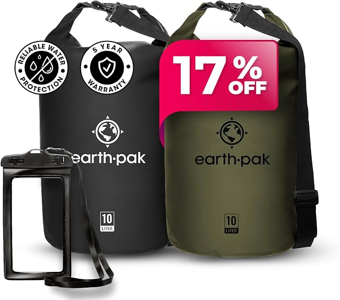 Earth Pak Waterproof Dry Bag - Roll Top Waterproof Backpack Black 10L &amp Orange 10L