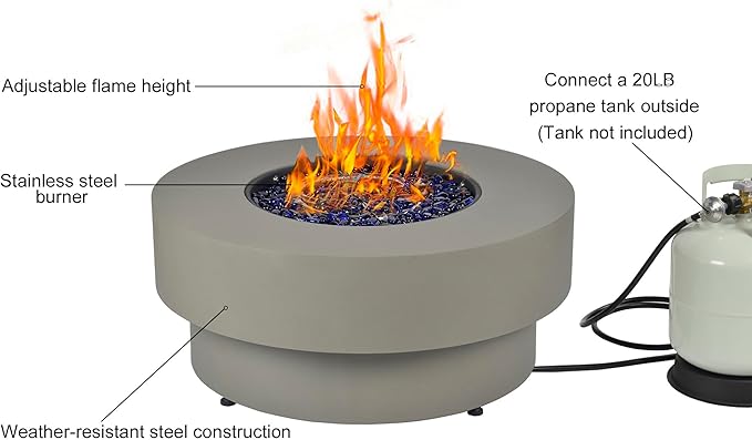Propane Outdoor Fire Pit Table Flint &amp Concrete Look 32-inch Round Patio Propane Fire Table 50000 BTU w/Lid Glass Rocks Cover Pre-Attached 10ft Hose