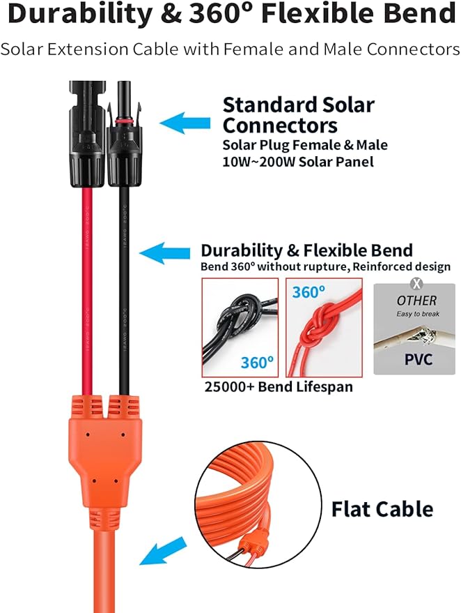 40Ft 10AWG Solar Extension Cable - Tonton 6mm² One-Piece Upgrade Integrated Wire Solar Cable with Male and Female Connectors Waterproof PV Wire for Home Boat and RV Solar Panel (10AWG 40FT 12M)