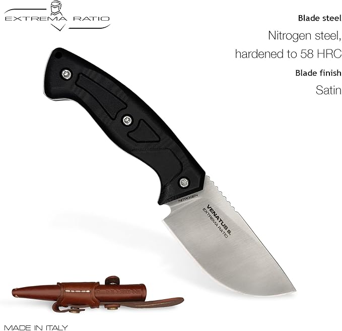 Extrema Ratio - Venatus S (Nitrogen Black Satin) Fixed Blade Knife Nitrogen Steel Satin Finish Full Tang Construction Walnut/G10 Handle Ambidextrous Leather Sheath